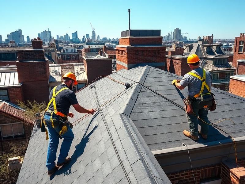 Roofing contractors installing shingles on a Brooklyn rooftop